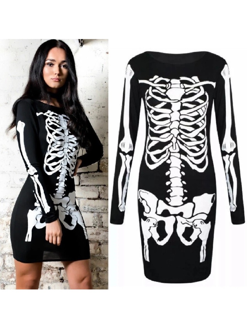 NWOT Halloween Skeleton Costume Ladies Skull Bones Print Bodycon Dress size LARG